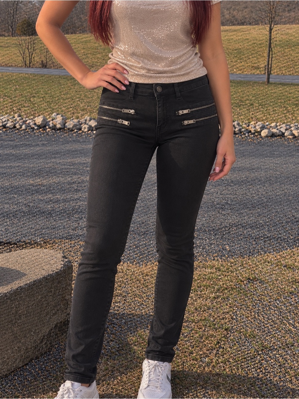 Black Skinny Jeans with Front Zip Detail - Women